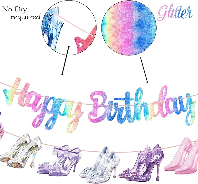 Crystal High Heel Birthday Banners Glass High Heels Birthday Party Supplies 3Pcs Diamond Shoes Banners Girls Princess Party Decor for Fashion Shoes Engagement Wedding Decoration