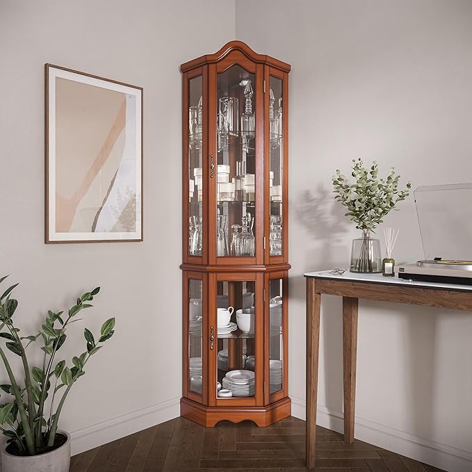 BELLEZE Lighted 3-Side Glass Display Curio Cabinet w/Tempered Glass Doors and Shelves, Curved Wood Corner Cabinet with Bulb, Corner Storage Rack for Living Room and Kitchen (Oak)