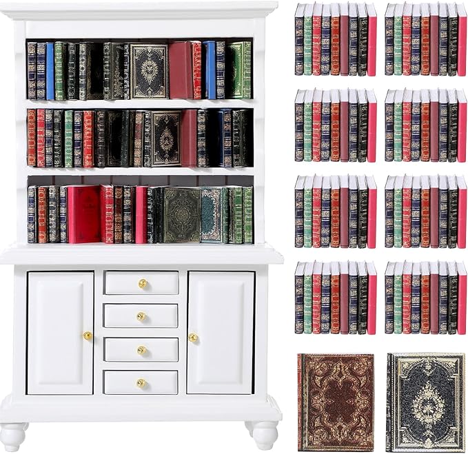 1:12 Scale Dollhouse Miniature Wooden Bookshelf Bookcase with 48 Pcs Miniature Books Mini Tiny Books for Dollhouse Mini Library Decoration Book Lover’s Reading Nook Gift(White)