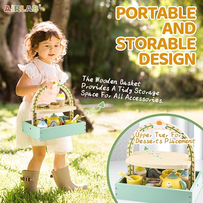 Wooden Tea Sets for Little Girls Play Food Cake Toys Toddlers 3-5 Kitchen Accessories Pretend Play Princess Playset for 3 4 5 6 Year Old Girl Boy Party Birthday Gift