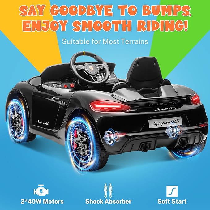ENYOPRO Licensed Porsche 718 Spyder RS Ride-On Electric Car for Kids with Remote Control, 12v Ride On Toys for Toddlers, Electric Power Vehicle w/Trailer Wheels, Bluetooth/USB/AUX, LED Lights, Black