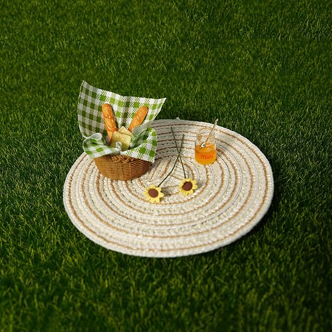 Miniature Food Dollhouse Accessories Garden Decor 1:12 Scale Bread Honey Picnic Basket Cloth Flowers 9PCS Garden Decoration Mini Room Display Props Model (Green Picnic Cloth)