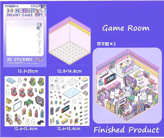 DIY 3D House Stickers for Teens & Adults - 4 Sets Isometric Miniature Room Sticker Book, Cute Cartoon Animal Stickers, Creative Craft for Stress Relief, Home Decoration, and Fun Activity