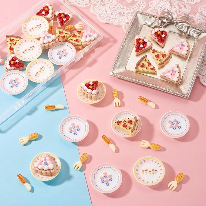 42Pcs Mini Cakes Tableware Kit Decorations Dollhouse Accessories Imitation Miniature Dessert Fork Knife High Tea Resin Cabochons Ornaments Garden Home Party Decorations Crafts Supplies
