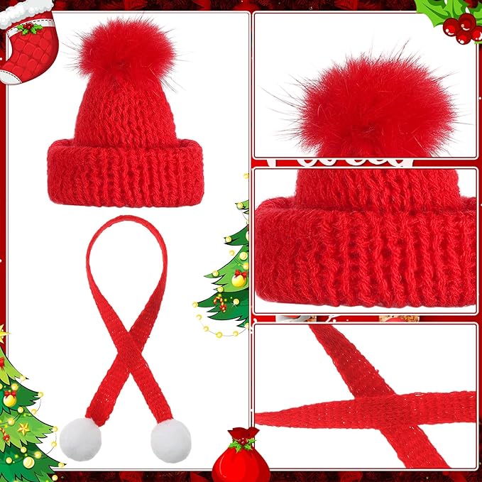 Bencailor 48 Pcs Mini Christmas Knitting Hats and Mini Christmas Scarf Set Knitting Doll Hat Scarf Santa Knit Hat Tree Ornaments for DIY Craft Art Doll Decoration (Bright Red)