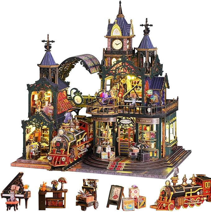 DIY Miniature House Kit: DIY Miniature Dollhouse Booknook Kit with Steam Train, 3D Wooden Puzzle Bookshelf Insert Decor with LED Light, Tiny Model House Building Adults Craft Kits Gift
