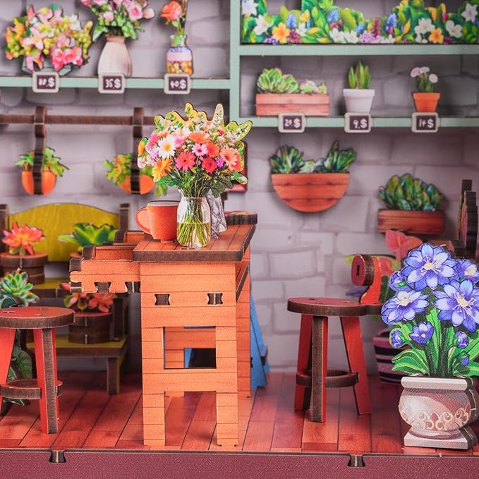Book Nook Kit - DIY Miniature House Kit for Adults, Teens, and Kids, 3D Wooden Puzzles with LED Light, Dollhouse Craft Kit for Family and Friends, Great Gift Idea (Flower Shop Corner)