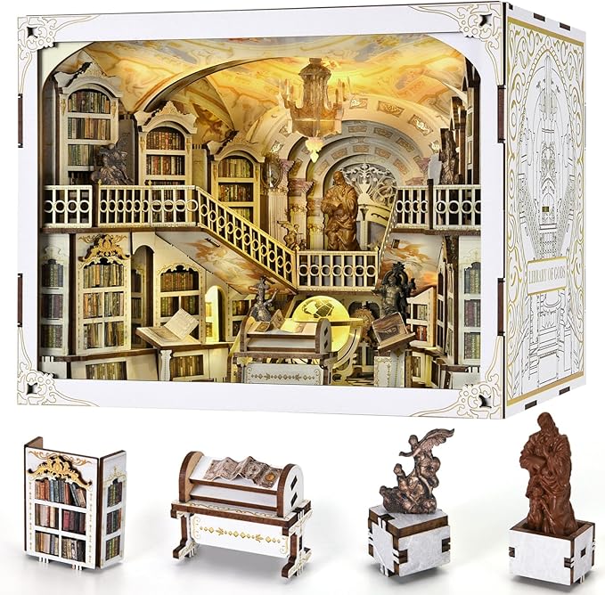 MiniCity Book Nook Kit, DIY DIY Miniature Dollhouse for Adults, Beyond Library 3D Wooden Puzzle Bookend Bookshelf Insert Decor with LED Light Gifts for Book Lovers (Library of Gods Max)
