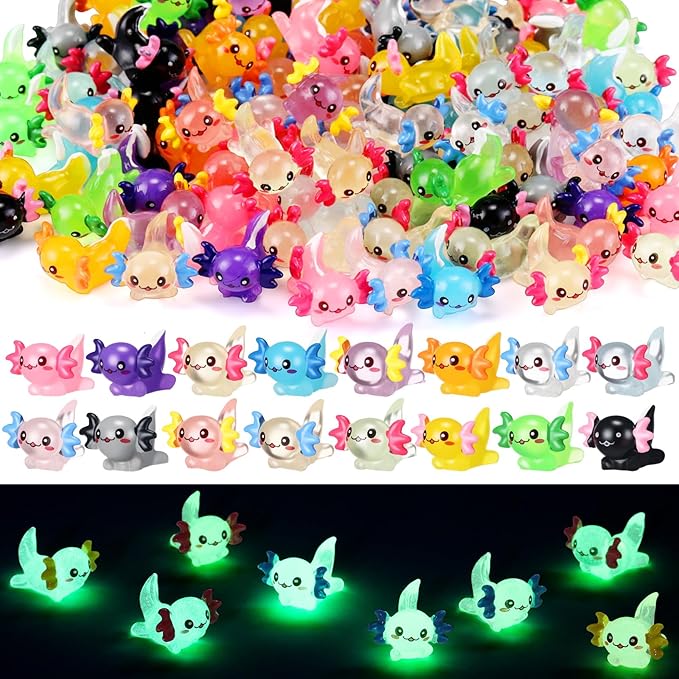 48PCS Mini Resin Axolotl Miniature Figurine - 16 Colors (8 Glow in The Dark & 8 Non-Luminous) 3 Pieces per Color, Mini Plastic Animals for Aquarium, Garden Micro Landscape, DIY Dollhouse Decor