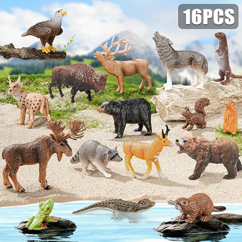 16PCS Mini North American Woodland Animals Figurines Toys, Realistic Jungle Wild Animal Figures with Wolf,Bear,Bison,Reindeer Cake Toppers Birthday Gift Party Favors Toys for Toddler Kids