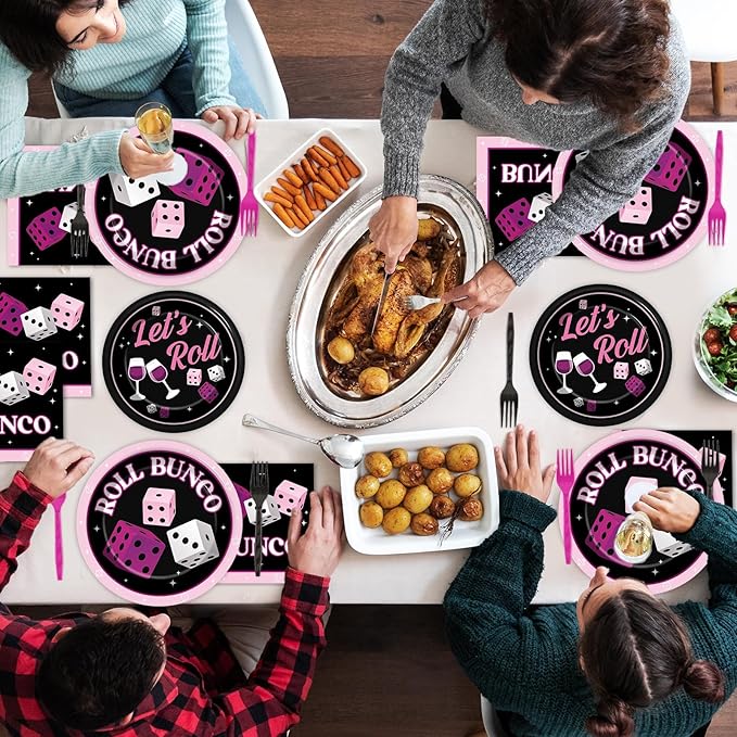 96Pcs Bunco Party Decorations Card Game Themed Tableware Pink Black Bunco Plates Napkins Forks And Napkins Let’s Roll Dinnerware Casino Night Bachelorette Party Supplies for Birthday Serves 24 Guests