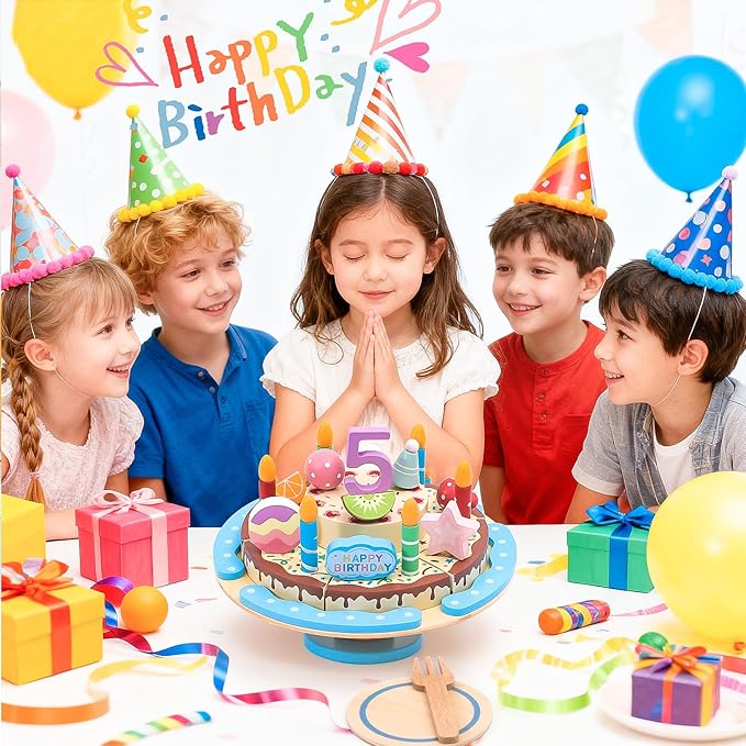 HAPGFS Wooden Birthday Cake Toy Set for Kids, Realistic Birthday Cake with Candles and Fruits for Pretend Play, Wooden Toys Educational Play Food for Birthday Parties and First Birthday Gifts for Kids