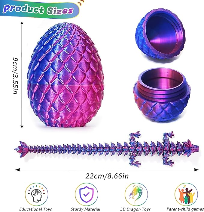 JOD® 4PCS 3D Printed Dragon Eggs with Dragon Inside – Articulated Fidget Toys, Easter Dragon Eggs, Mystery Surprise Easter Eggs for Kids, Unique 3D Printed Animals, Home Decor and Gift Set(C)