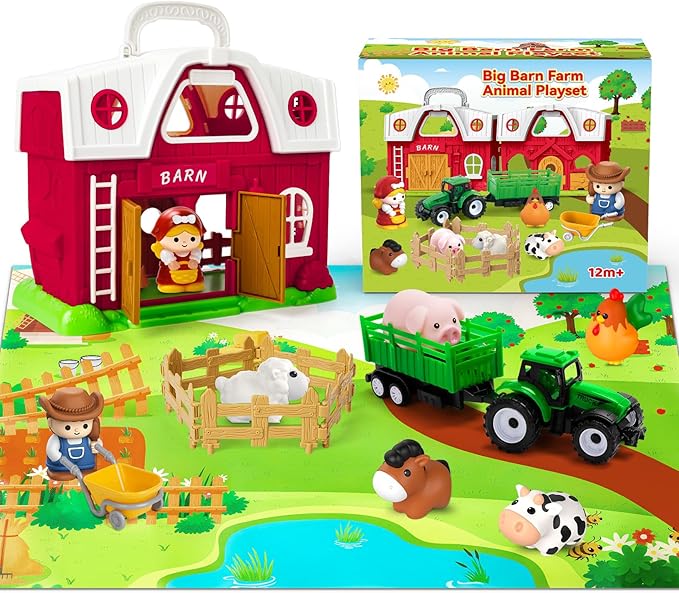 Farm Animal Toys for 1 2 3 Year Old Toddlers, Big Red Barn with Farm Mat & Animals & Tractor Toy for Boys Girls, Montessori Learning Interactive Barn Set for Kids 1-3, Ideal Christmas Birthday Gifts