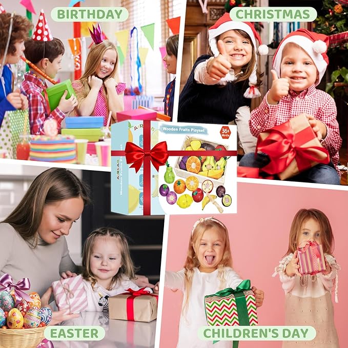 Wooden Play Food for Kids Kitchen Cutting Fruits Toys for Toddlers Pretend Vegetables Gift for Boys Girls Educational Toys