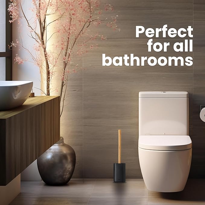 Vigar Zense Toilet Brush and Holder Set, Toilet Bowl Brush with Polyresin Stone Holder, Bathroom Sets for Bathroom Decor and Accessories, Cool Black