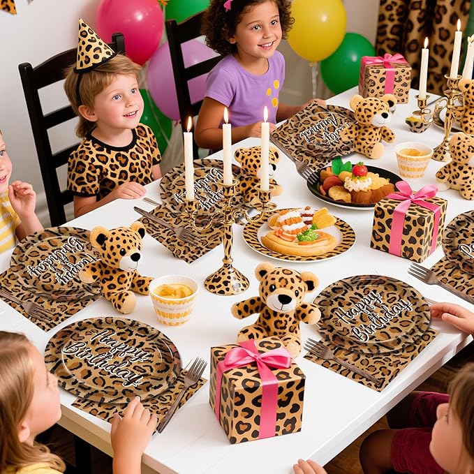 96Pcs Cheetah Print Party Decorations Brown Leopard Print Birthday Themed Tableware Safari Animal Plates Napkins Forks Jungle Leopard Dinnerware Supplies for Baby Shower Birthday Serves 24 Guests