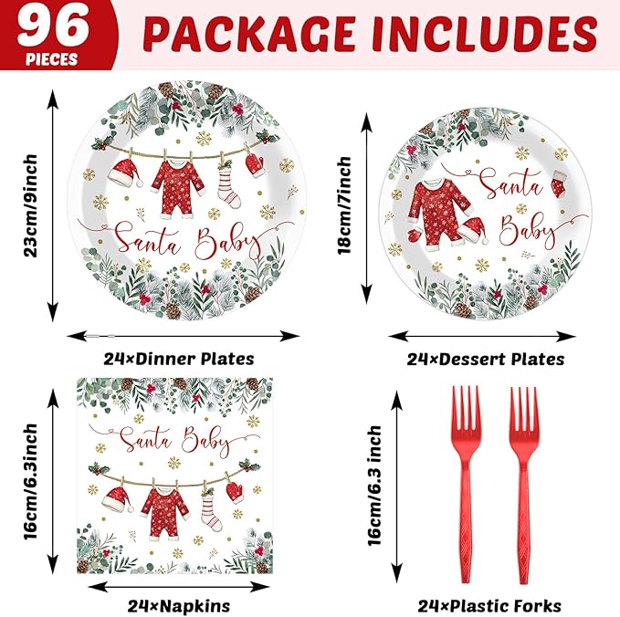 96 Pcs Christmas Baby Shower Party Plates Napkins Santa Clothes Tableware A Santa Baby Is On The Way Plates Napkins Christmas Shower Supplies Xmas Party Dinnerware Set Decorations for 24 Guests