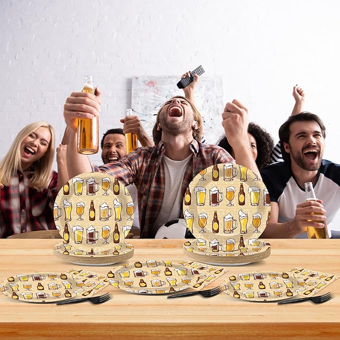 96 Pcs Cheers Party Decorations Cheers Themed Tableware Bar Theme Plates Napkins Forks Yellow and Khaki Supplies for Bar Bachelorette Festival 30th 40th 50th Birthday Bar Supplies Serve 24 Guests