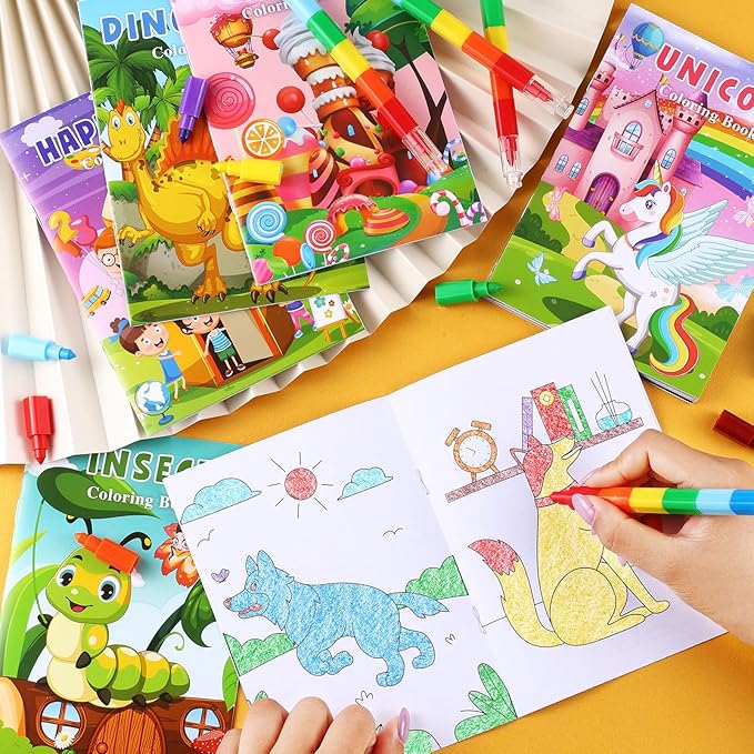 BenLouis Coloring Books for Kids With Stacking Crayons Set Mini Coloring Books Bulk for Ages 4-8-12 Small Activity Books for Birthday Party Gifts Goodie Bags Stuffers Travel（24+24Pcs Colorful）