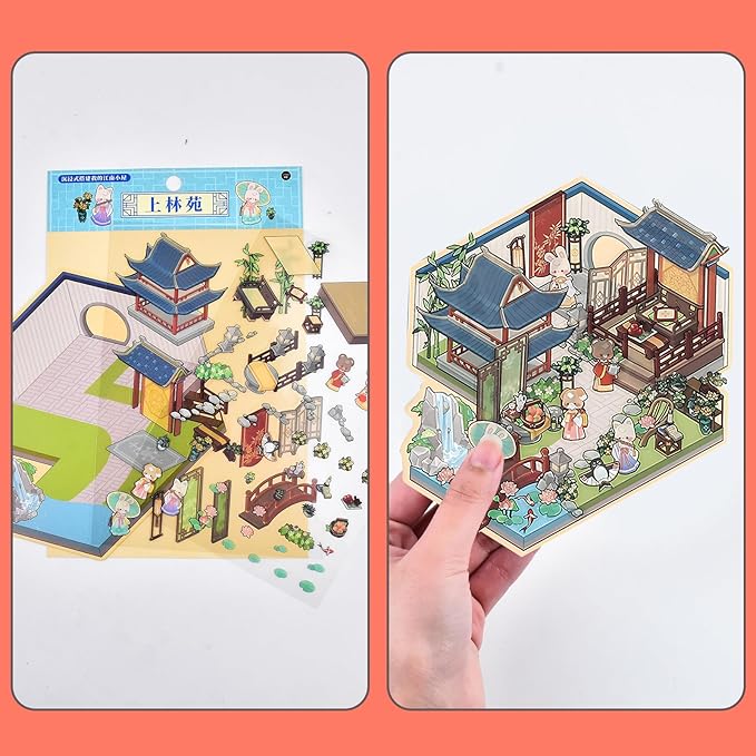 DIY 3D Fun House Stickers, 4 Sets Miniature Cute Rabbit Room Scene Stickers Make Your Own Mini Vintage Building Sticker Scenes for Adult Relief Stress Pass The Time