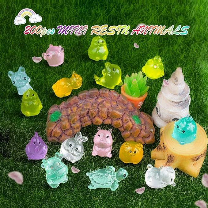 200Pcs Luminous Mini Resin Animals to Hide Tiny Creatures Glow in The Dark for Miniature Fairy Garden Decor Accessories Micro Landscape Aquarium Duck Dinosaur Rabbit Flamingo Owls Marine