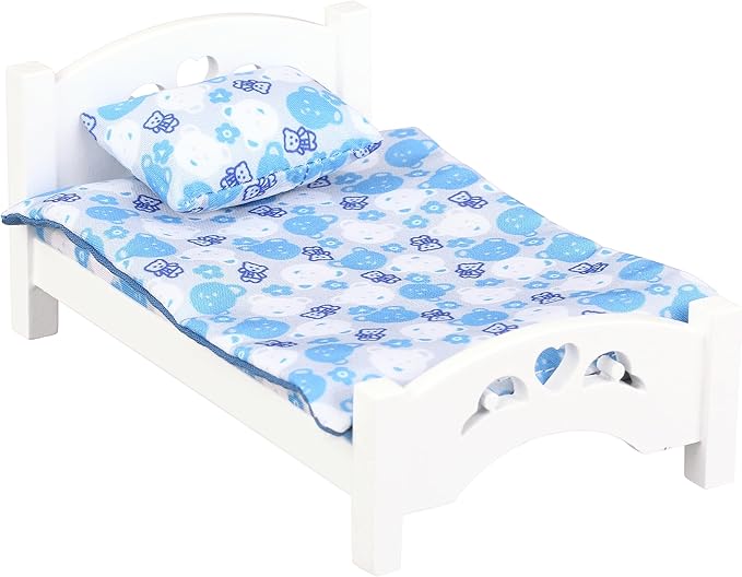 Dollhouse Furniture mini Kid’s Bed Set, Realistic Bedroom Accessories for 6 inch Dolls, Blue Bedding, White Wood, 1/12 Scale