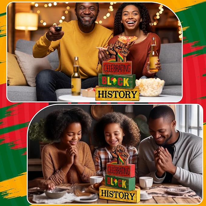 Moucuny 4 Pcs Black History Month Table Decorations Wooden Wrist Black History Month Tiered Tray Decor Red Yellow Green African American Centerpiece Rustic Wrist Block Signs Gift Farmhouse for Home
