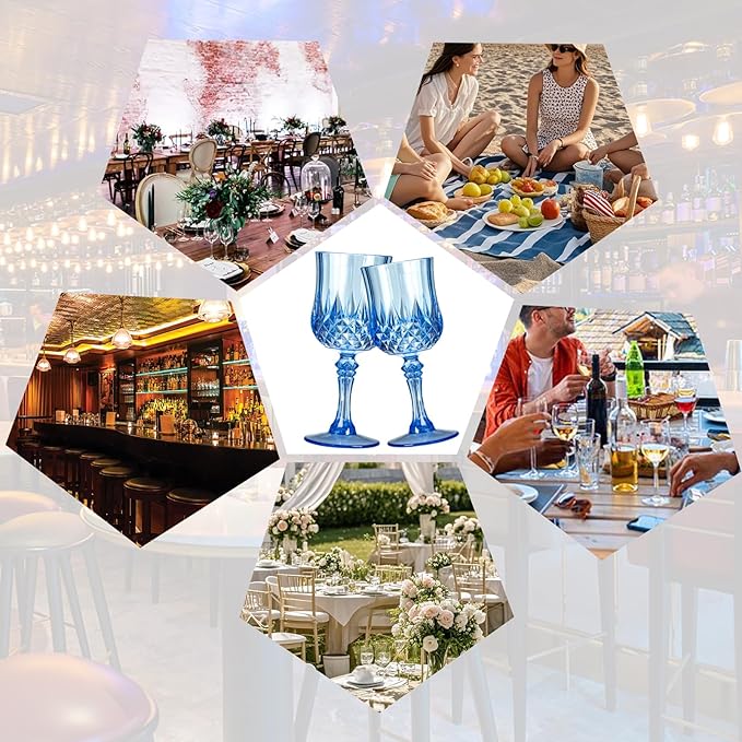 XKXKKE 100 Pcs Blue Plastic Wine Glasses, Plastic Water Goblets for Parties, Stemmed Drinking Glasses for Wedding Reception, Grand Event Party Bar Supplies Reusable Drinking Cups