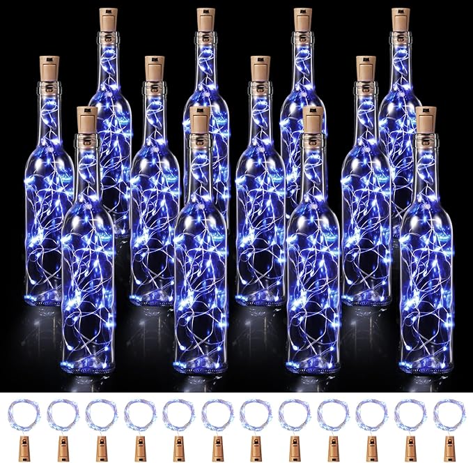 Rtteri 12 Sets Small Empty Wine Bottles with Cork Lights Centerpiece and 30 LED Battery Operated Cork Lights for Birthday Wedding Party Decoration(375 ml,Blue Bottle)