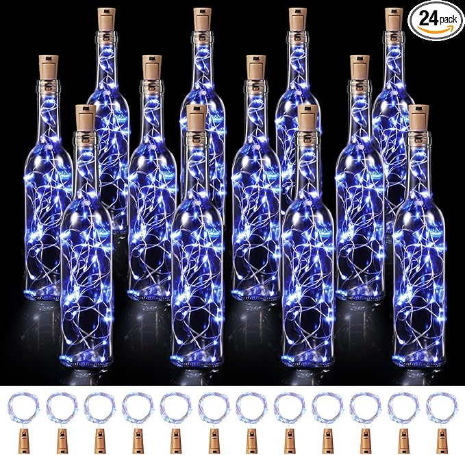 Rtteri 12 Sets Small Empty Wine Bottles with Cork Lights Centerpiece and 30 LED Battery Operated Cork Lights for Birthday Wedding Party Decoration(375 ml,Blue)