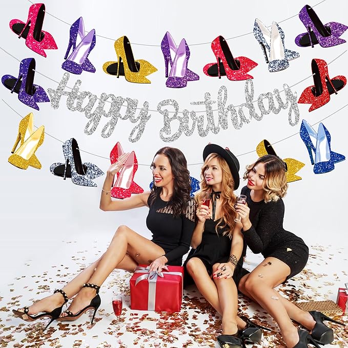High Heel Shoes Banners Bridal Shower Engagement Party Decor Heel Birthday Party Decorations Silver Glitter High Heels Happy Birthday Banners for Girls Ladies Bridal Shower Supplies