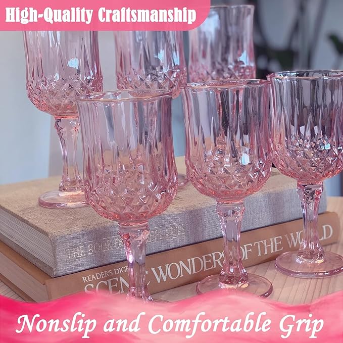 LEYIQU Plastic Wine Glasses, Plastic Goblets Vintage Style Cordial Drinking Glasses for Valentine’s Day, Wedding Reception, Grand Event Party Supplies (100, Pink)