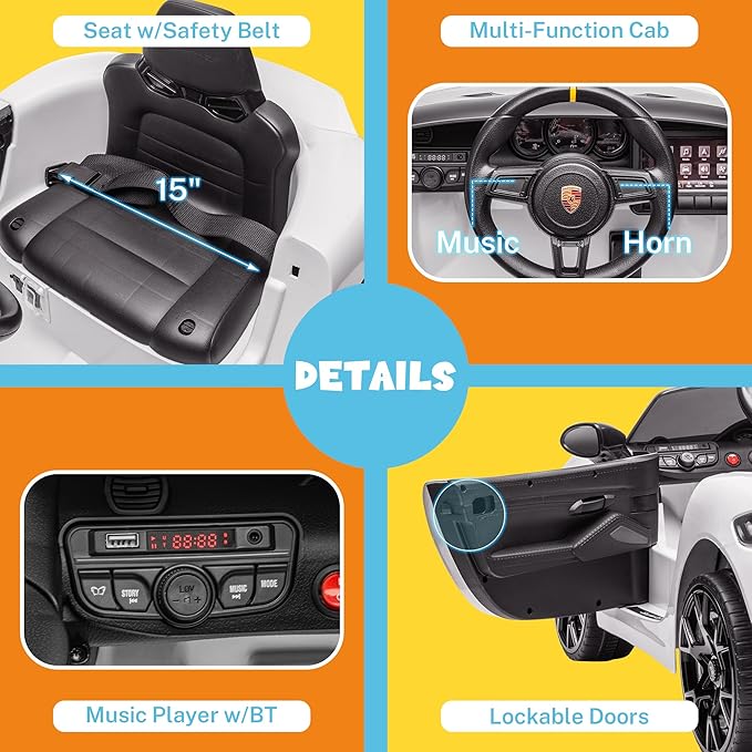 ENYOPRO Licensed Porsche 718 Spyder RS Ride-On Electric Car for Kids with Remote Control, 12v Ride On Toys for Toddlers, Electric Power Vehicle w/Trailer Wheels, Bluetooth/USB/AUX, LED Lights, White