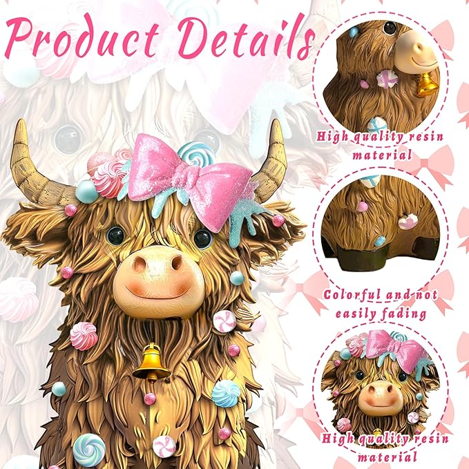 Burbell 2 Pack Highland Cow Resin Figurine Decor Macarons Candy Theme Highland Cow Gnomes with Candy Resin Statue for Birthday Themed Party Garden Table Shelf Kitchen Home Bathroom Decor Gifts