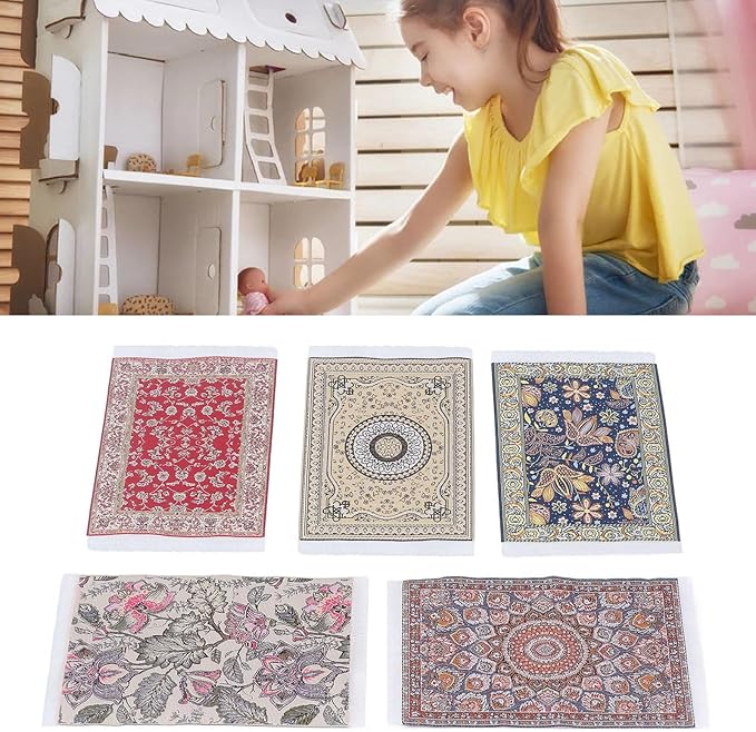 5Pcs Doll House Rug, 1/12 Floral Print Miniature Carpet, 6.3x3.8in Miniature Rugs for Doll House, Woven Fabric Miniatures Floor Blanket for Mini Furniture Decoration