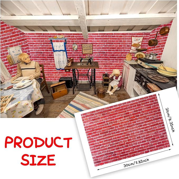 35 Pcs Miniature Dollhouse Wallpaper Self-Adhesive Mini DIY Floorboards Wall Paper Real Life DIY Decoration for Dollhouse(Red)