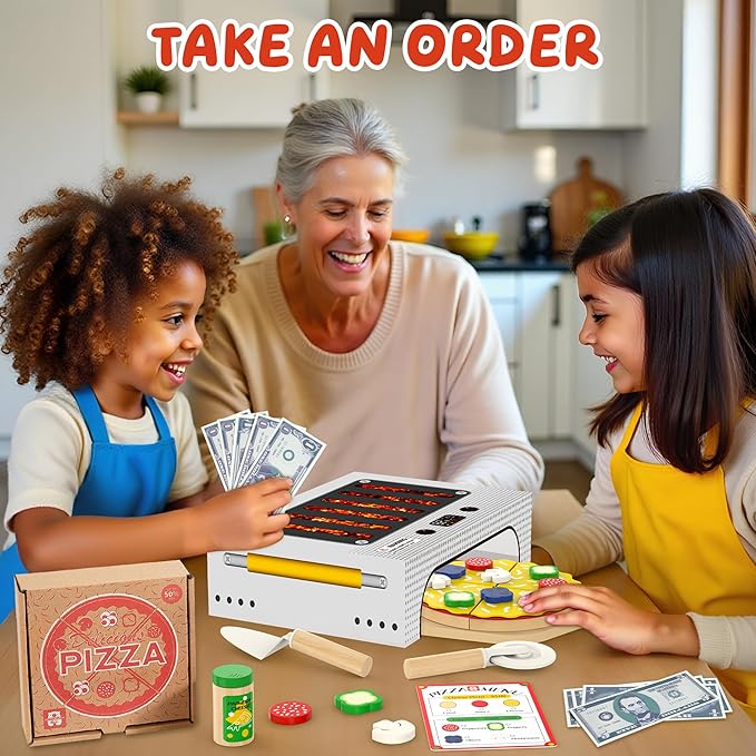 WOODMAM Pizza Toy Set, Montessori Realistic Play Food with Oven Box, Educational Learning Toys for Preschoolers Toddlers Age 3 4 5 6, Christmas Birthday Gift for Kids
