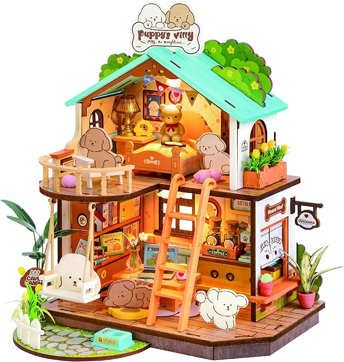 Rolife DIY Miniature House Kits Puppy's Cozy Villa, DIY Crafts for Adults Miniature Model Set, Tiny House Duplex Villa with Puppy, Hobbies & Birthday for Friends (230PCS)