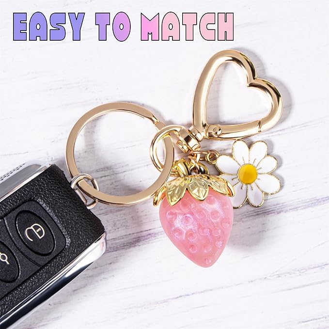 Wikavanli Cute Strawberry Keychain,Bag Charms,Kawaii Heart Flower Daisy Key chains Accessories Decor for Women Girls Purse