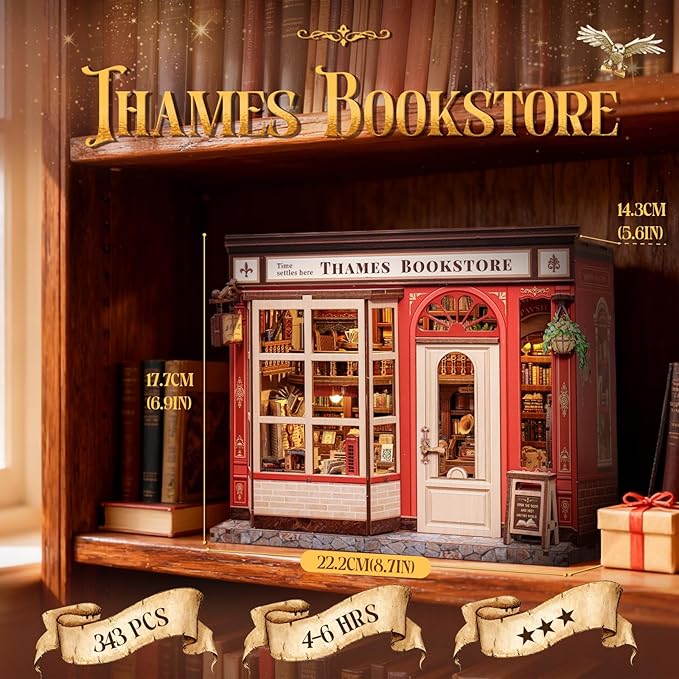 CUTEBEE Book Nook Kit - British Bookstore Magic DIY Miniature House Dollhouse Kit for Adults, Library Booknook Bookshelf Decor 3D Wooden Puzzle, Gifts for Family, Friends(Thames Bookstore)