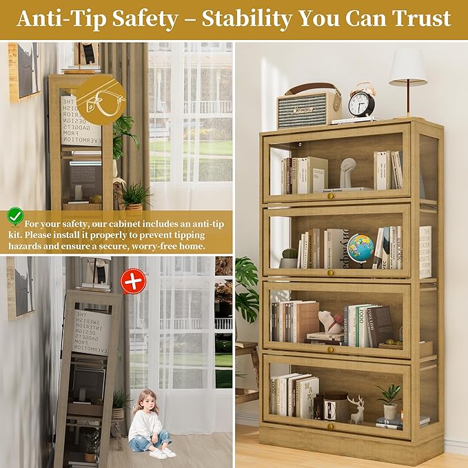 Display Cabinet with Acrylic Glass Doors,4-Tiers Curio Cabinet with LED Lighting for Collectibles, Collectibles Toy Organizers Rack & Display Shelf Display Case Storage Cabinet, Nature