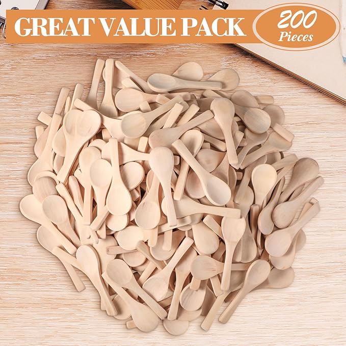 Boao 200 Pcs Small Wooden Spoons, 3.5'' L, Mini Wood Natural Tiny Spoons Wooden Little Teaspoons for Jars Sugar Creamer Honey Spices Salt Kitchen Supplies (Light Wood)