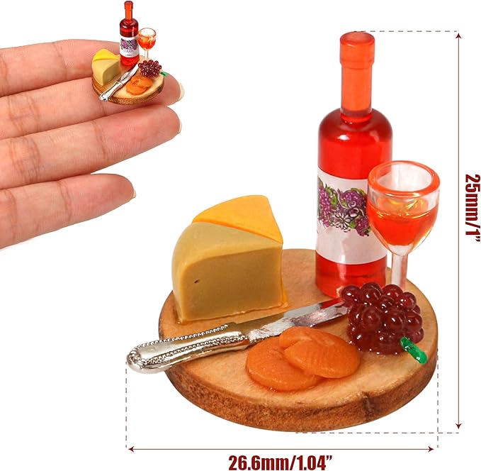 1:24 Mini Wine Decor Scale Dollhouse Miniatures – Miniature Wine Cheese and Board Platter Accessory with Tiny Bread Pastries and Bottle – DIY Micro Food Model for Kitchen Dining Room Scene Decor
