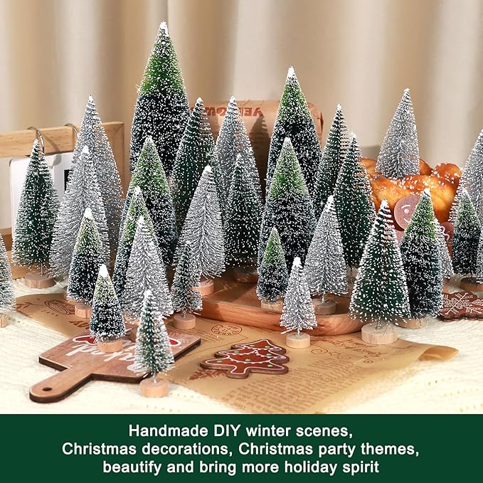 30Pcs Mini Christmas Trees Artificial Christmas Tree Bottle Brush Trees with Wooden Base for Christmas Decor Christmas Party Home Table Craft Decorations(Dark Green+Silver)