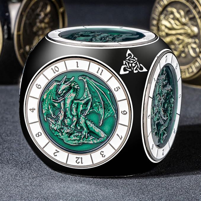 7 in 1 Unique Spinner DND Dice Set D&D, Metal Cube D and D Dice with Gift Box, Dungeons Dragons Role Playing Dice, Black Green