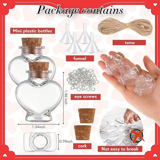 Bokon 50 Pack 1oz Plastic Mini Potion Bottles with Corks, Small Sand Art Jar Tiny Clear Liquor Bottles Bulk Wishing Vial for Birthday Halloween Valentines Party Favor DIY Craft (1.3x1.5 Inch,Heart)