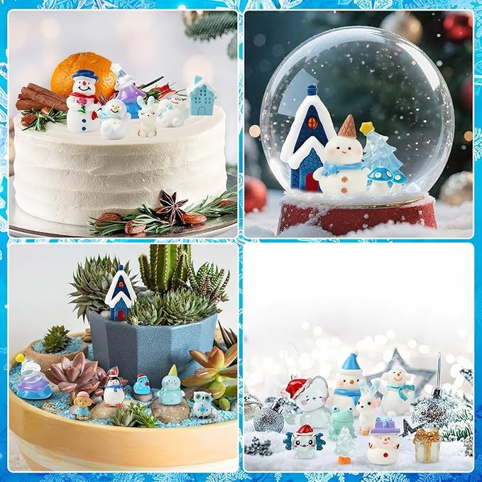 56Pcs Mini Winter Resin Figurines,Miniature Blue Snow Globe Figures Tiny Snowman Penguin Snowflake Duck Elk Christmas Tree for DIY Crafts Fairy Garden Home Decor
