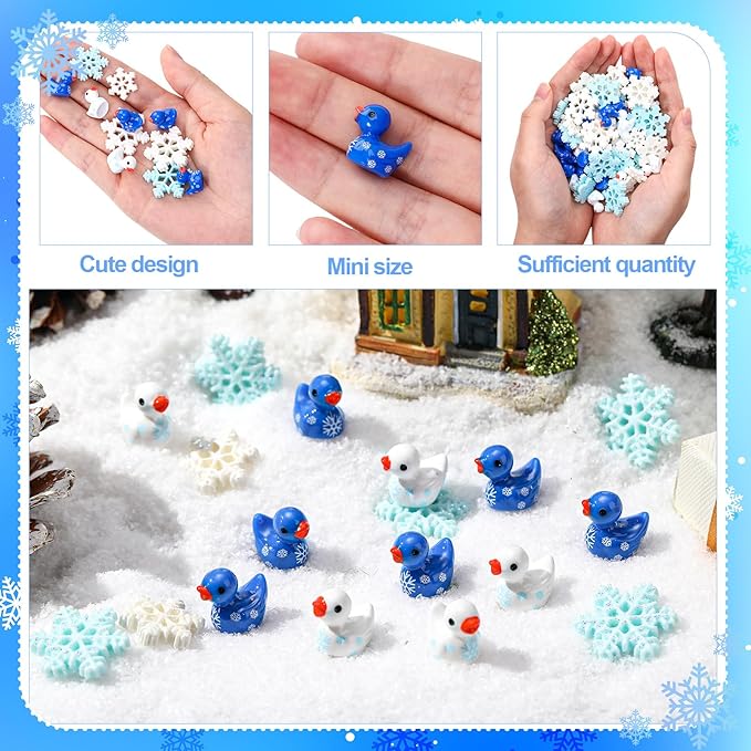 80 Pcs Mini Ducks Snowflake, Tiny Resin Ducks Figures Bulk, Cute Miniature Figurines for Winter Christmas Accessories Miniature Landscape Fairy Garden Dollhouse Party Favors Decor (6 Styles)