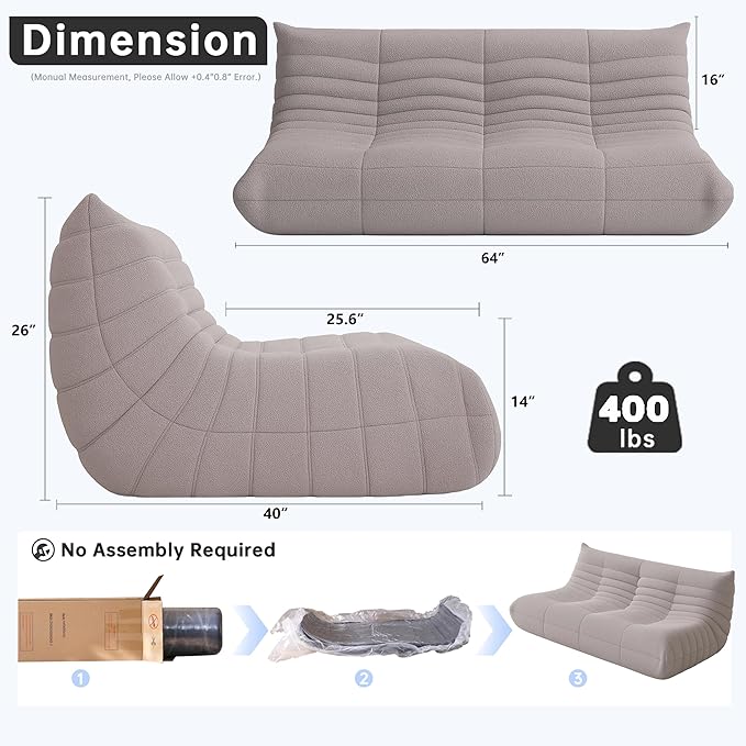 Bean Bag Chairs for Adults, BeanBag Reading Chair Memory Foam Couch 3-Seater, Floor Chair Soft Teddy Material, Comfy Reading Nook Chairs for Bedroom Living Room Office (Grey)